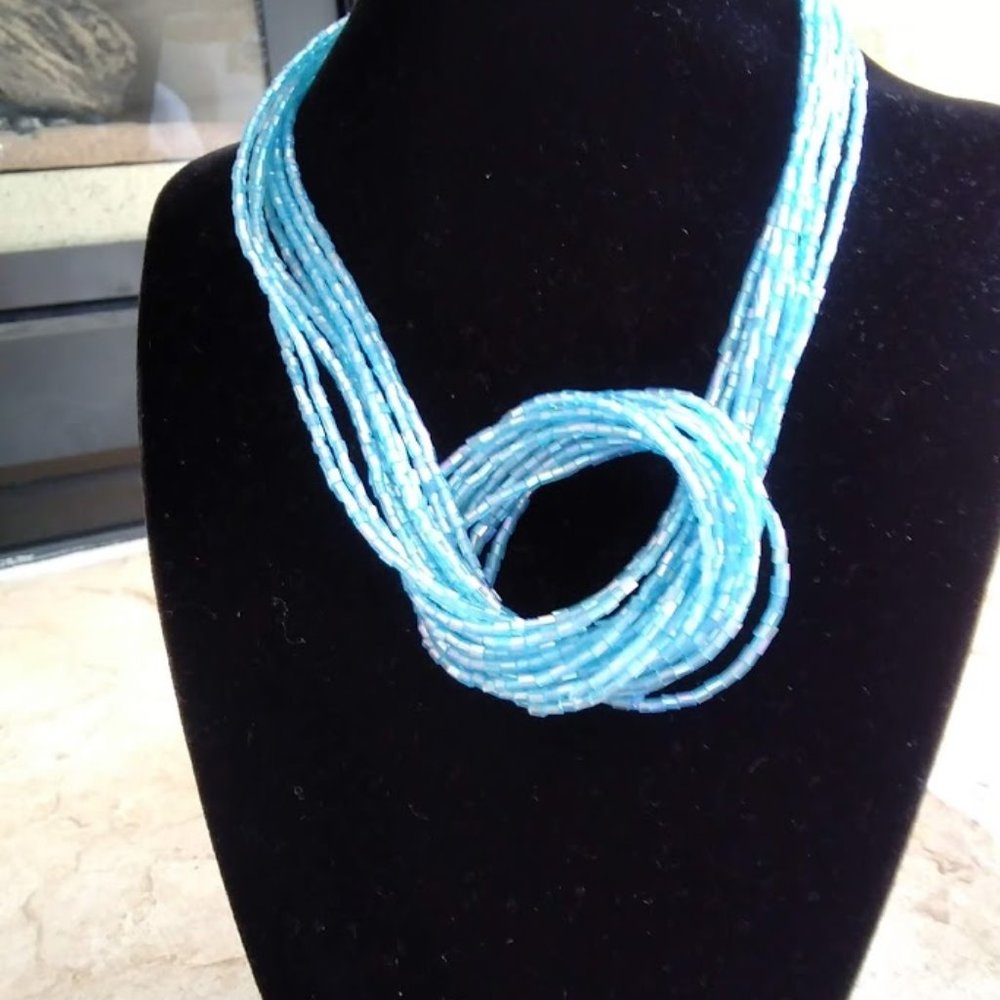 NWOT -Blue Bugle Bead Knot Necklace/Earrings